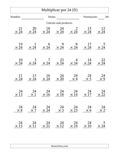 La hoja de ejercicios de Multiplicar (Factores de 1 a 24) por 24 (49 Preguntas) (D)