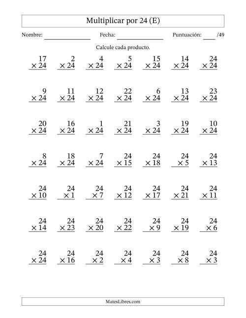 La hoja de ejercicios de Multiplicar (Factores de 1 a 24) por 24 (49 Preguntas) (E)