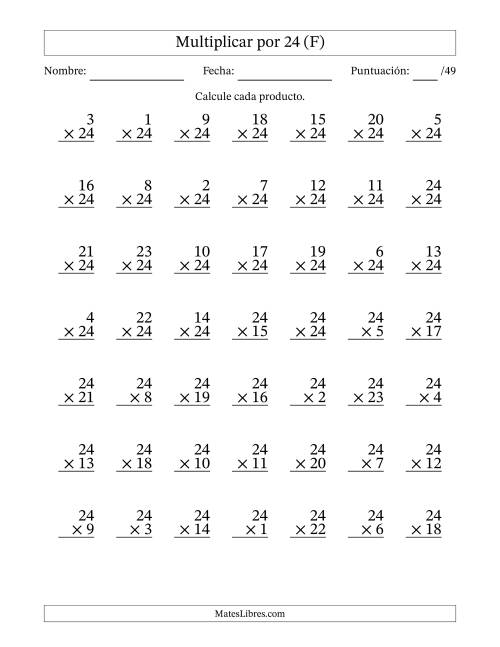 La hoja de ejercicios de Multiplicar (Factores de 1 a 24) por 24 (49 Preguntas) (F)
