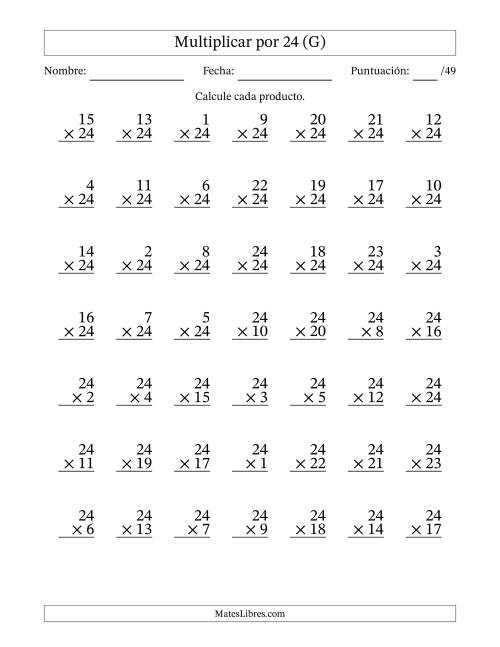 La hoja de ejercicios de Multiplicar (Factores de 1 a 24) por 24 (49 Preguntas) (G)