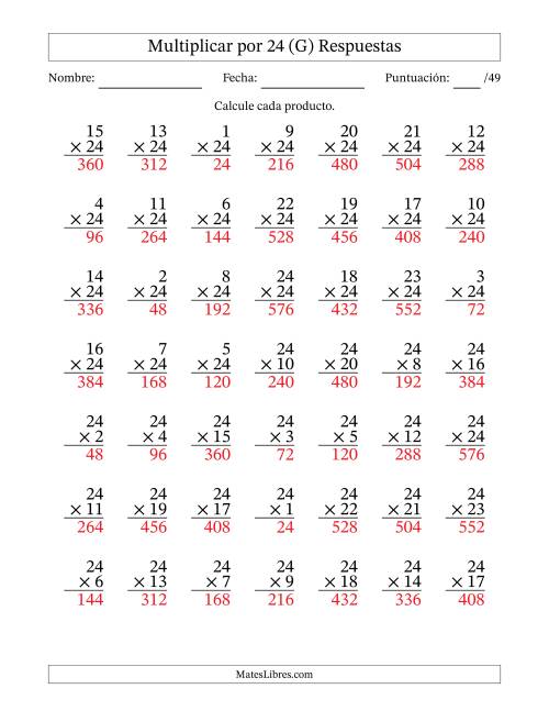 La hoja de ejercicios de Multiplicar (Factores de 1 a 24) por 24 (49 Preguntas) (G) Página 2