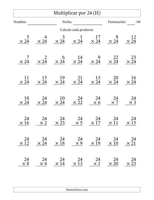 La hoja de ejercicios de Multiplicar (Factores de 1 a 24) por 24 (49 Preguntas) (H)