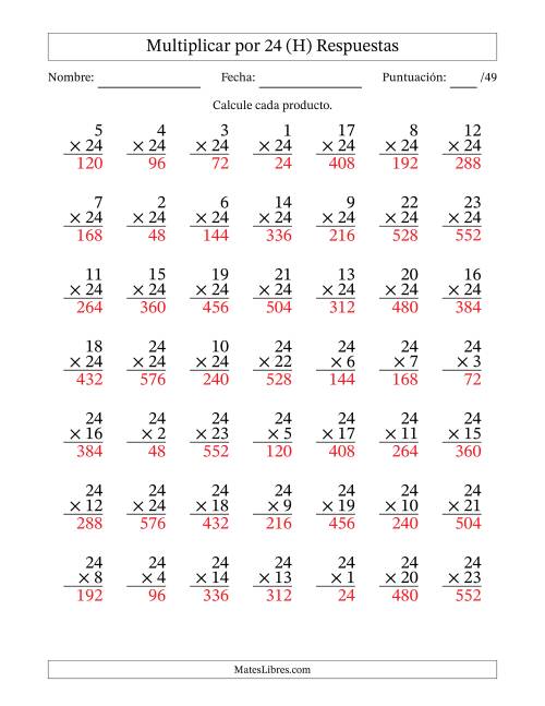 La hoja de ejercicios de Multiplicar (Factores de 1 a 24) por 24 (49 Preguntas) (H) Página 2