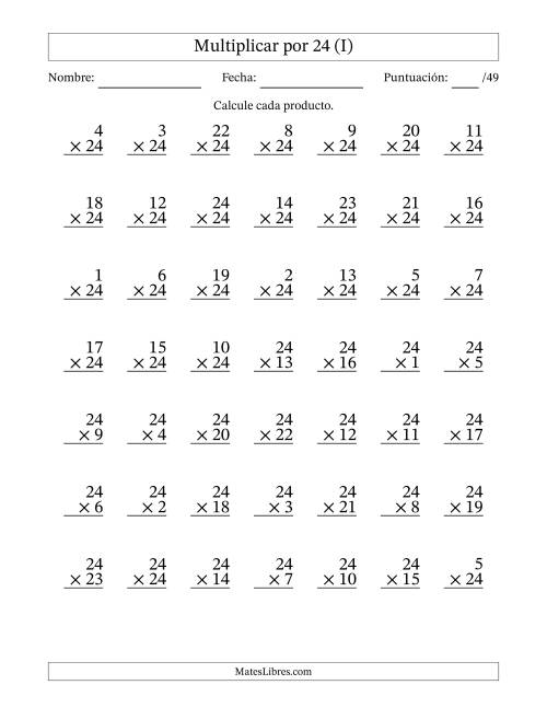 La hoja de ejercicios de Multiplicar (Factores de 1 a 24) por 24 (49 Preguntas) (I)