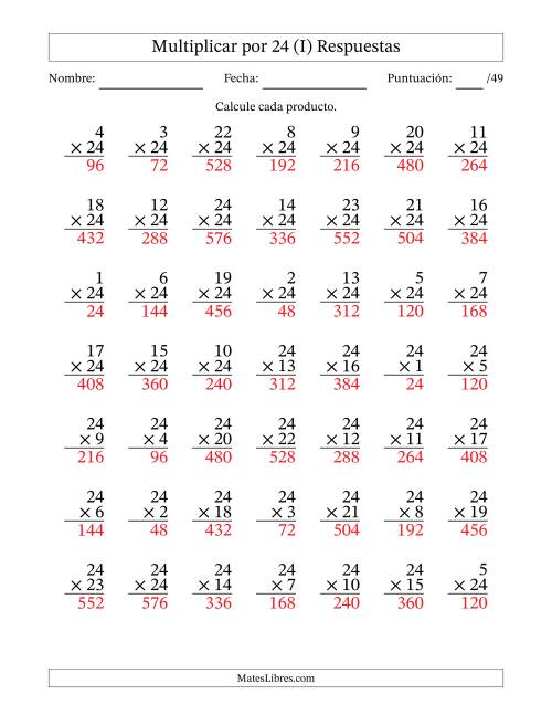 La hoja de ejercicios de Multiplicar (Factores de 1 a 24) por 24 (49 Preguntas) (I) Página 2