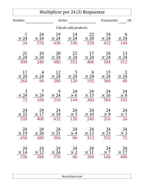 La hoja de ejercicios de Multiplicar (Factores de 1 a 24) por 24 (49 Preguntas) (J) Página 2