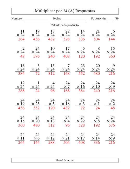 La hoja de ejercicios de Multiplicar (Factores de 1 a 24) por 24 (49 Preguntas) (Todas) Página 2