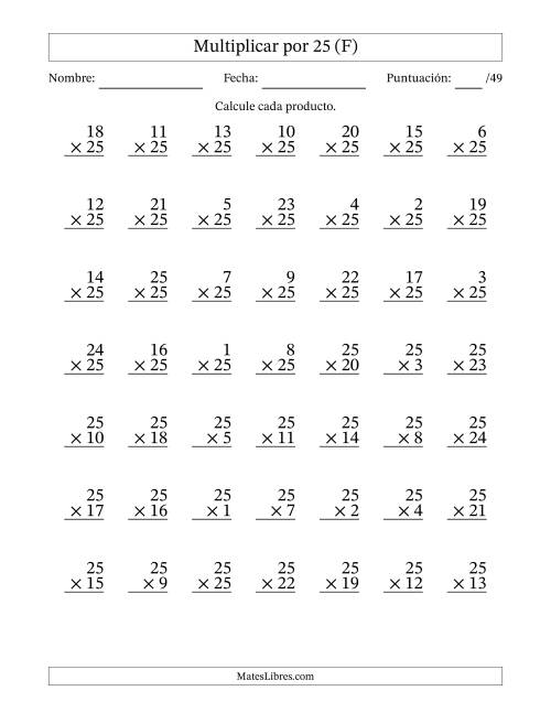 La hoja de ejercicios de Multiplicar (Factores de 1 a 25) por 25 (49 Preguntas) (F)