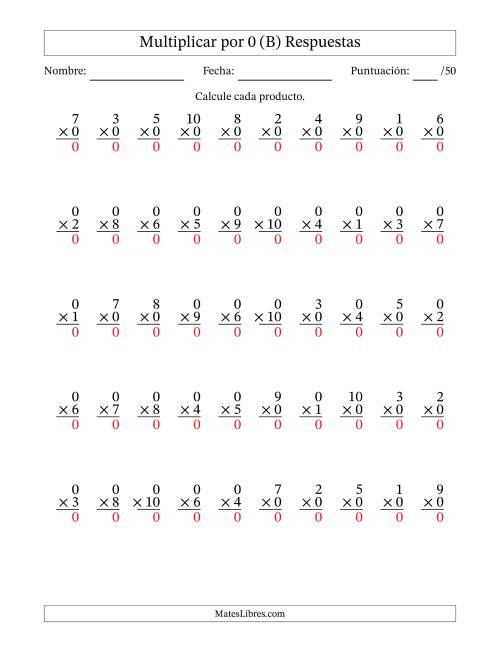 La hoja de ejercicios de Multiplicar (Factores de 1 a 10) por 0 (50 Preguntas) (B) Página 2