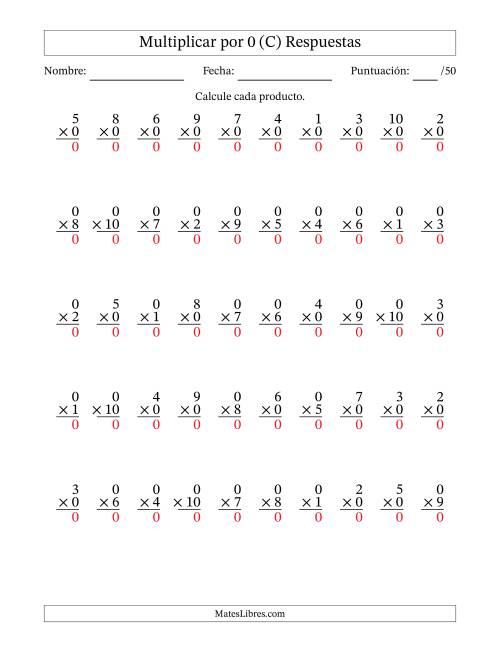 La hoja de ejercicios de Multiplicar (Factores de 1 a 10) por 0 (50 Preguntas) (C) Página 2