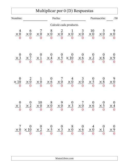 La hoja de ejercicios de Multiplicar (Factores de 1 a 10) por 0 (50 Preguntas) (D) Página 2