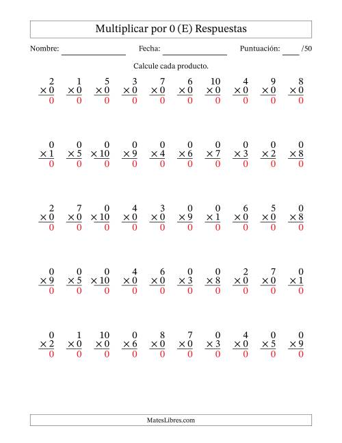 La hoja de ejercicios de Multiplicar (Factores de 1 a 10) por 0 (50 Preguntas) (E) Página 2