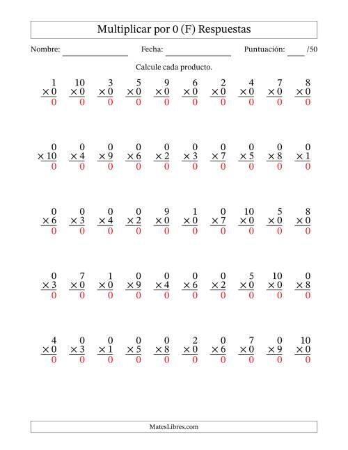 La hoja de ejercicios de Multiplicar (Factores de 1 a 10) por 0 (50 Preguntas) (F) Página 2