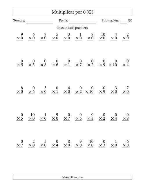 La hoja de ejercicios de Multiplicar (Factores de 1 a 10) por 0 (50 Preguntas) (G)