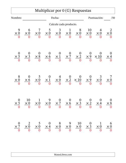 La hoja de ejercicios de Multiplicar (Factores de 1 a 10) por 0 (50 Preguntas) (G) Página 2