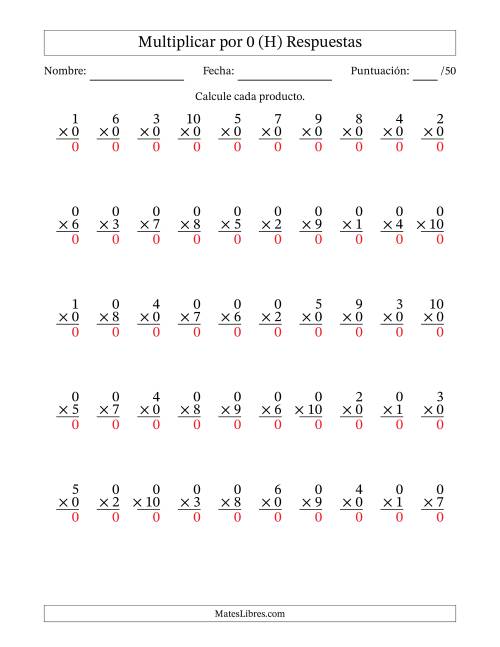 La hoja de ejercicios de Multiplicar (Factores de 1 a 10) por 0 (50 Preguntas) (H) Página 2