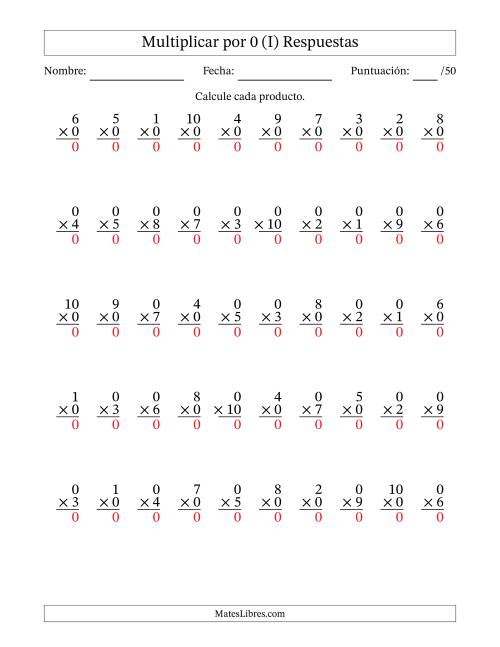 La hoja de ejercicios de Multiplicar (Factores de 1 a 10) por 0 (50 Preguntas) (I) Página 2