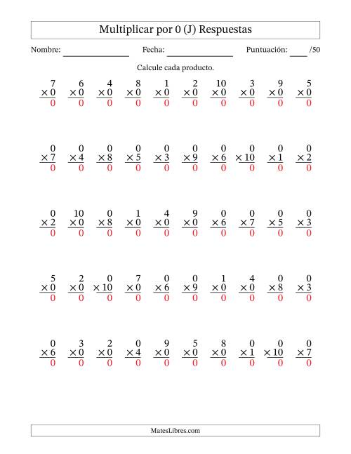 La hoja de ejercicios de Multiplicar (Factores de 1 a 10) por 0 (50 Preguntas) (J) Página 2