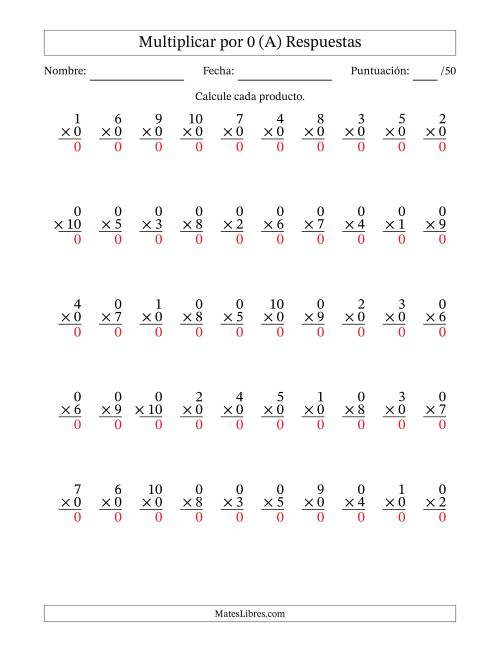 La hoja de ejercicios de Multiplicar (Factores de 1 a 10) por 0 (50 Preguntas) (Todas) Página 2