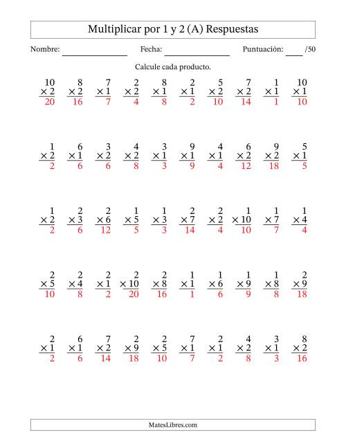 La hoja de ejercicios de Multiplicar (Factores de 1 a 10) por 1 y 2 (50 Preguntas) (A) Página 2