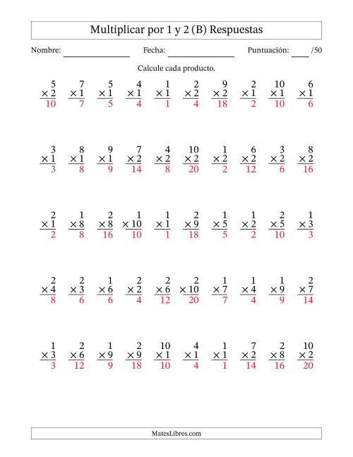 La hoja de ejercicios de Multiplicar (Factores de 1 a 10) por 1 y 2 (50 Preguntas) (B) Página 2
