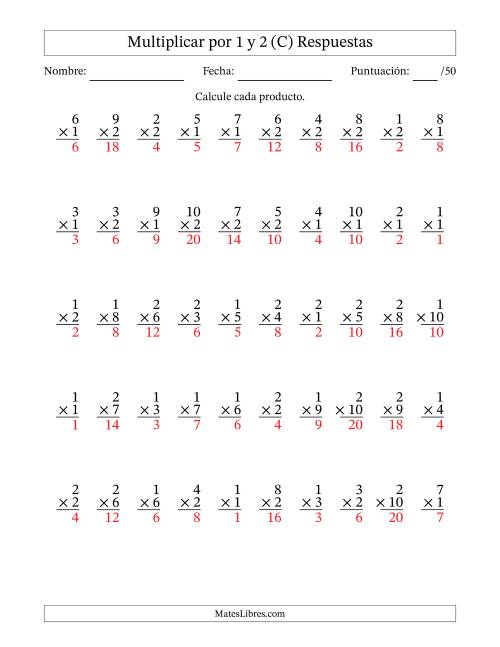 La hoja de ejercicios de Multiplicar (Factores de 1 a 10) por 1 y 2 (50 Preguntas) (C) Página 2
