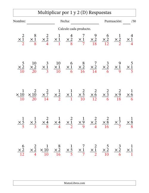 La hoja de ejercicios de Multiplicar (Factores de 1 a 10) por 1 y 2 (50 Preguntas) (D) Página 2