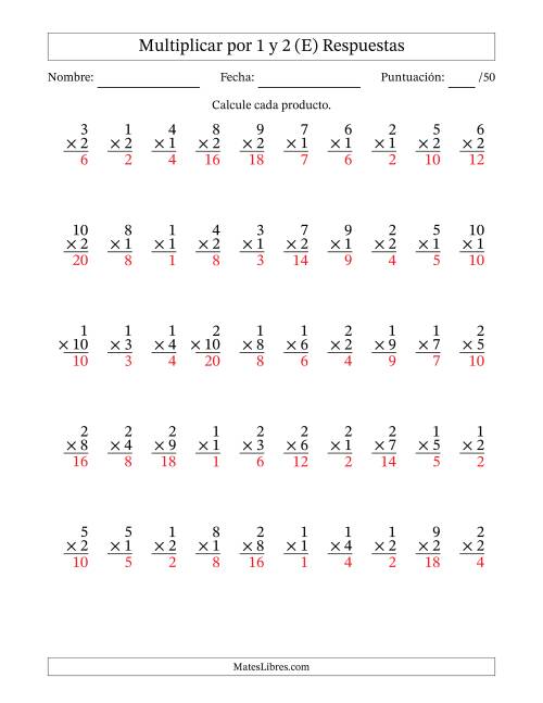 La hoja de ejercicios de Multiplicar (Factores de 1 a 10) por 1 y 2 (50 Preguntas) (E) Página 2