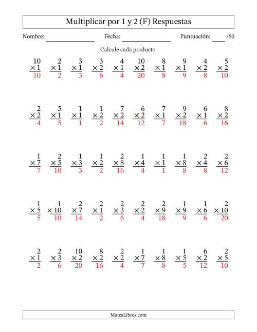 La hoja de ejercicios de Multiplicar (Factores de 1 a 10) por 1 y 2 (50 Preguntas) (F) Página 2