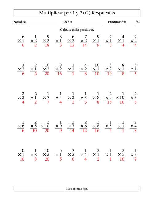 La hoja de ejercicios de Multiplicar (Factores de 1 a 10) por 1 y 2 (50 Preguntas) (G) Página 2