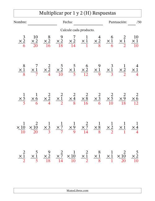 La hoja de ejercicios de Multiplicar (Factores de 1 a 10) por 1 y 2 (50 Preguntas) (H) Página 2