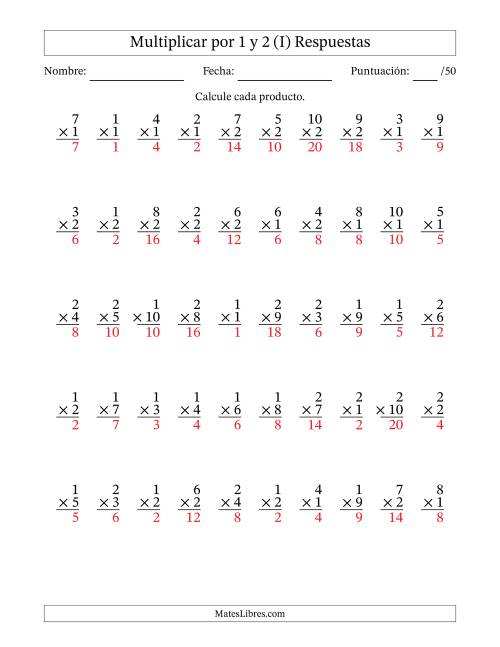 La hoja de ejercicios de Multiplicar (Factores de 1 a 10) por 1 y 2 (50 Preguntas) (I) Página 2