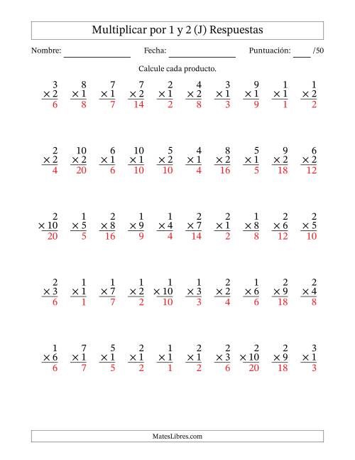 La hoja de ejercicios de Multiplicar (Factores de 1 a 10) por 1 y 2 (50 Preguntas) (J) Página 2