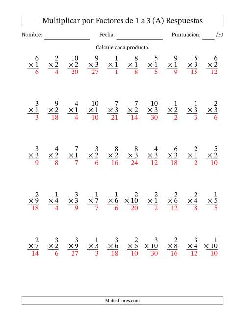 La hoja de ejercicios de Multiplicar (Factores de 1 a 10) por Factores de 1 a 3 (50 Preguntas) (A) Página 2