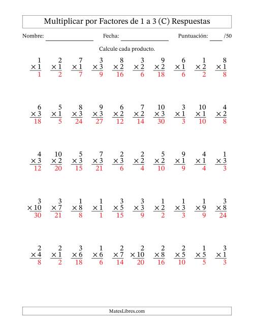La hoja de ejercicios de Multiplicar (Factores de 1 a 10) por Factores de 1 a 3 (50 Preguntas) (C) Página 2