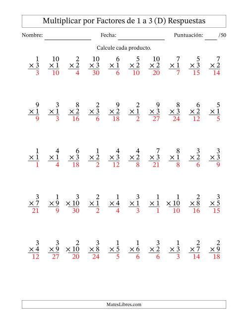 La hoja de ejercicios de Multiplicar (Factores de 1 a 10) por Factores de 1 a 3 (50 Preguntas) (D) Página 2
