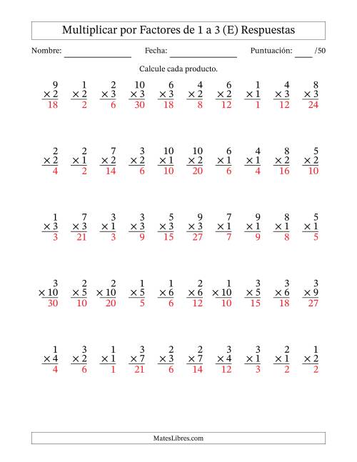 La hoja de ejercicios de Multiplicar (Factores de 1 a 10) por Factores de 1 a 3 (50 Preguntas) (E) Página 2