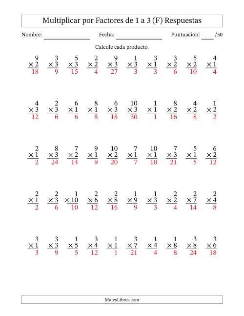 La hoja de ejercicios de Multiplicar (Factores de 1 a 10) por Factores de 1 a 3 (50 Preguntas) (F) Página 2