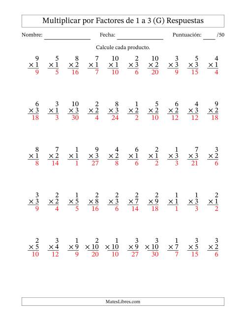 La hoja de ejercicios de Multiplicar (Factores de 1 a 10) por Factores de 1 a 3 (50 Preguntas) (G) Página 2