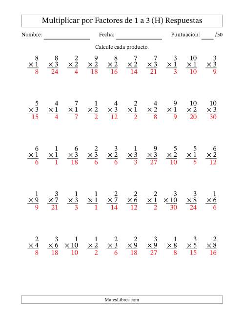 La hoja de ejercicios de Multiplicar (Factores de 1 a 10) por Factores de 1 a 3 (50 Preguntas) (H) Página 2