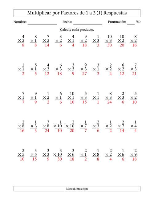 La hoja de ejercicios de Multiplicar (Factores de 1 a 10) por Factores de 1 a 3 (50 Preguntas) (J) Página 2