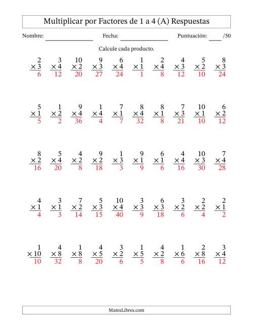 La hoja de ejercicios de Multiplicar (Factores de 1 a 10) por Factores de 1 a 4 (50 Preguntas) (A) Página 2