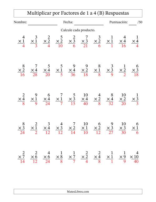 La hoja de ejercicios de Multiplicar (Factores de 1 a 10) por Factores de 1 a 4 (50 Preguntas) (B) Página 2