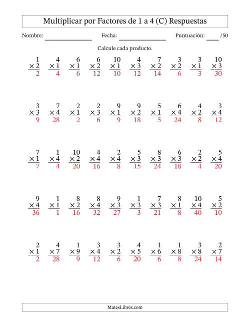 La hoja de ejercicios de Multiplicar (Factores de 1 a 10) por Factores de 1 a 4 (50 Preguntas) (C) Página 2