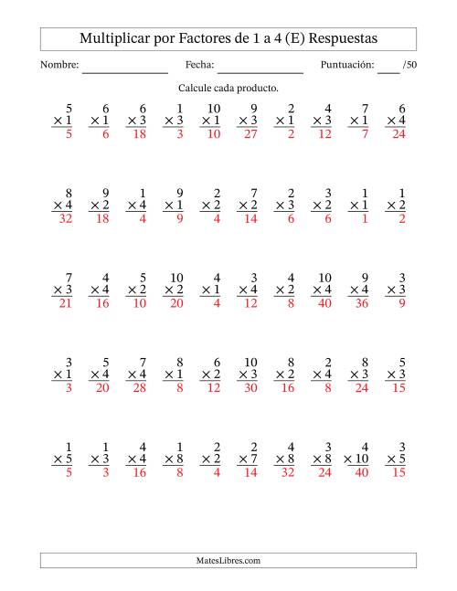 La hoja de ejercicios de Multiplicar (Factores de 1 a 10) por Factores de 1 a 4 (50 Preguntas) (E) Página 2