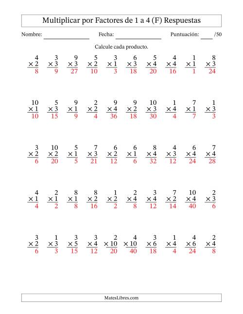 La hoja de ejercicios de Multiplicar (Factores de 1 a 10) por Factores de 1 a 4 (50 Preguntas) (F) Página 2