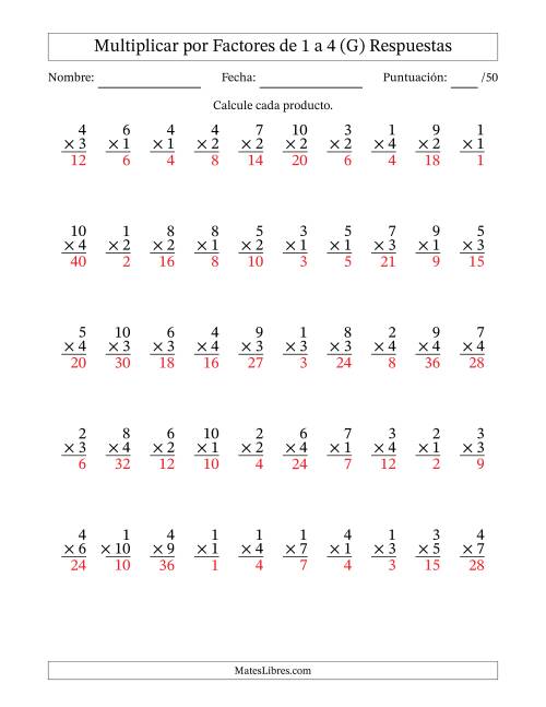 La hoja de ejercicios de Multiplicar (Factores de 1 a 10) por Factores de 1 a 4 (50 Preguntas) (G) Página 2