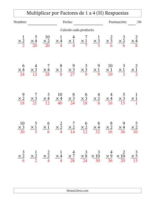 La hoja de ejercicios de Multiplicar (Factores de 1 a 10) por Factores de 1 a 4 (50 Preguntas) (H) Página 2