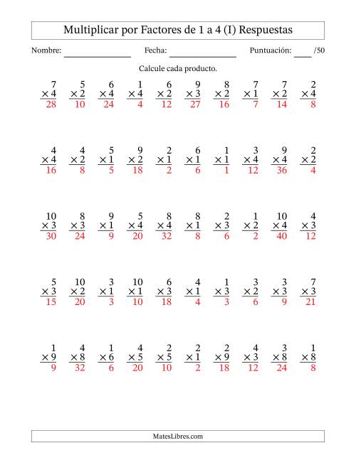 La hoja de ejercicios de Multiplicar (Factores de 1 a 10) por Factores de 1 a 4 (50 Preguntas) (I) Página 2