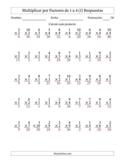 La hoja de ejercicios de Multiplicar (Factores de 1 a 10) por Factores de 1 a 4 (50 Preguntas) (J) Página 2